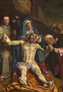 Nördliches Querschiff, Altar der Kreuzabnahme, Kreuzabnahme Christi unterstützt von der Jungfrau und den Heiligen Raimund und Antonius von Padua, Altarbild von Antonio Campi