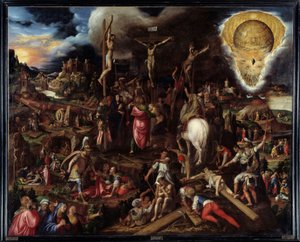 Szenen der Passion: Gebet im Garten Gethsemane, Verrat durch Judas, Verhaftung Christi, Verspottung Christi, Aufstieg nach Golgatha (Kreuzweg), Kreuzigung, Auferstehung... Gemälde von Antonio Campi (1526-1587)