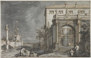 Capriccio: Ein Palast mit einem Hof am Lagune, ca. 1750-1755 von Giovanni Antonio Canal