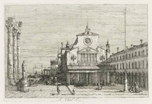Ansichten: Drei Säulen und eine Statue an der Küste von Antonio Canaletto
