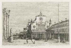 Ansichten: Drei Säulen und eine Statue an der Küste, 1735-1746 von Giovanni Antonio Canal