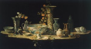 Vorbereitungsgemälde für eine Tischplatte aus Hartstein mit Porzellanvasen, ca. 1875