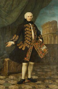 Porträt von William Perry, 21 Jahre alt, stehend, volle Länge, in einem goldbestickten braunen Mantel, neben einem Balustrade, mit dem Kolosseum im Hintergrund von Antonio David
