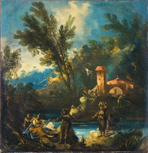 Waldige Flusslandschaft mit Figuren von Antonio Francesco Peruzzini