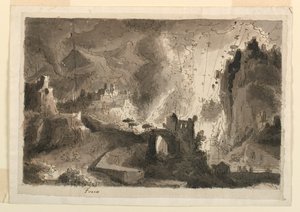 Bühnenbild, brennende Stadt von Antonio Giuseppe Basoli