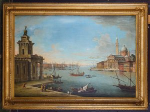 Das Bacino di San Marco, Venedig, Blick nach Osten, mit der Kirche San Giorgio Maggiore und der Dogana