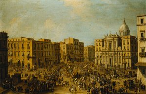 Der Largo San Ferdinando, Neapel, zur Karnevalszeit mit der königlichen Kutsche, die sich dem Palazzo Reale nähert von Antonio Joli
