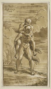 Eneas trägt Anchises, seinen Vater, aus dem brennenden Troja