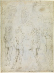 Vier Studien eines weiblichen Aktes, eine Verkündigung und zwei Studien einer schwimmenden Frau, um 1425