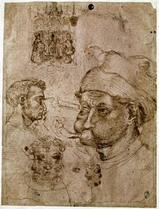 Vier Männerköpfe, zwei davon mit drei Gesichtern. Ein Altarbild. Ein Pferd. Zeichnungen aus der Werkstatt von Antonio di Puccio Pisano, genannt Pisanello (1395-1455). Braune Tinte, Feder (Zeichnung), Blut. Dim: 27,1x20,5cm. Louvre, Kabinett der Medaillen von Antonio Pisanello