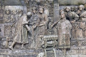 Kolumbus und die katholischen Könige, Detail der Präsentation von Kolumbus an die katholischen Könige im Salon del Tinell in Barcelona (Bronze) von Antonio Susillo Fernandez