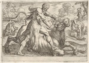 Herkules und Achelous: in der Mitte greift Herkules die Hörner eines Stiers, während er seine rechte Hand drückt..., 1608