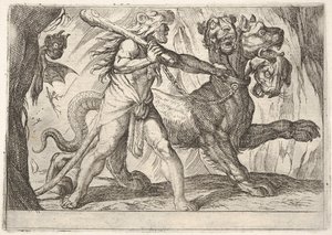 Herkules und Cerberus: Herkules ergreift das Halsband von Cerberus, zwei Dämonen erscheinen links