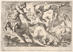 Herkules und die Kentauren: Herkules hält den Kopf eines Kentauren mit seiner linken Hand und erhebt..., 1608