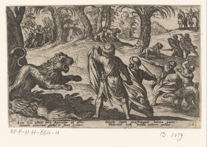 Löwenjagd (Serie: Verschiedene Jagd- und Kampfszenen, Venationes Ferarum, Avium, Piscium Pugnae bestiariorum: et mutuae bestiarum)