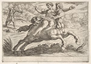 Nessus versucht, Dejanira von Herkules zu nehmen: Nessus hält Dejanira auf seinem Rücken ..., 1608 von Antonio Tempesta