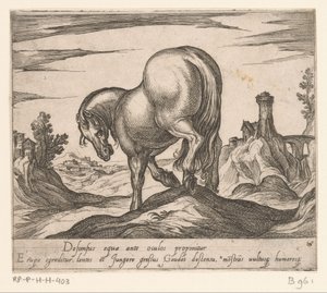 Pferd, das einen Hügel hinunterläuft, von hinten gesehen von Antonio Tempesta