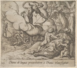 Platte 105: Diana zielt mit ihrem Bogen auf Chione, die von zwei Kindern begleitet wird, 1606 von Antonio Tempesta