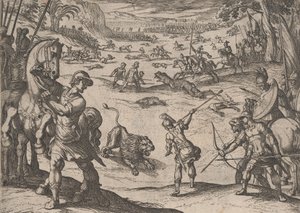 Tafel 11: Alexanders Löwenjagd, aus Die Taten Alexanders des Großen, 1608 von Antonio Tempesta