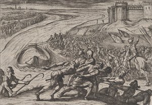 Tafel 12: Ein mit Getreide beladenes Schiff ans Ufer ziehen, aus Der Krieg der Römer gegen..., 1611 von Antonio Tempesta