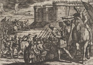 Tafel 16: Römische Gefangene vor der alten Festung, aus Der Krieg der Römer gegen die B..., 1611 von Antonio Tempesta
