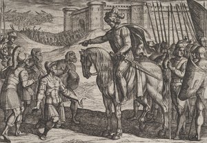 Tafel 19: Männer von der Festung ergeben sich und schwören Civilis die Treue, aus Der Krieg... von Antonio Tempesta
