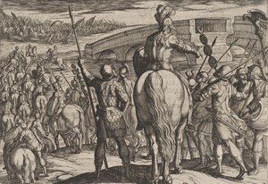 Tafel 24: Die Vorhut der neuen römischen Truppen wird zurückgeschlagen, aus Der Krieg der Römer (1611) von Antonio Tempesta