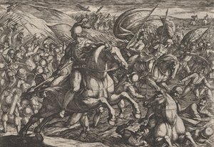 Tafel 30: Cerialis treibt die Niederländer in den Rhein, aus Der Krieg der Römer gegen die..., 1611 von Antonio Tempesta