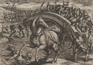 Civilis wird gezwungen abzusteigen und den Fluss zu durchschwimmen, aus Der Krieg der Römer