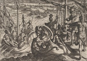Tafel 33: Niederländische und römische Flottillen am Rhein, aus Der Krieg der Römer gegen die B..., 1611 von Antonio Tempesta