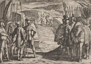 Tafel 35: Die Bataver werden ängstlich und beginnen Friedensgespräche, aus Der Krieg der Römer gegen die Bataver, 1611 von Antonio Tempesta