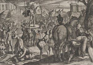 Platte 5: Bruno zum Anführer der Caninefaten ernannt, aus Der Krieg der Römer gegen die..., 1611 von Antonio Tempesta