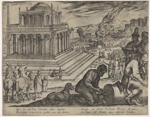 Tafel 5: Grabmal des Mausolos, rechts fertigen Steinmetze eine Säule an, aus „Die sieben Weltwunder“ von Antonio Tempesta
