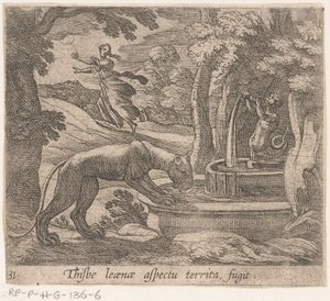 Thisbe flieht vor der Löwin an der Quelle