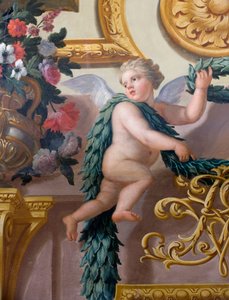 Detail eines Wandgemäldes, das einen Cherub zeigt, der einen Lorbeerkranz und eine Girlande hält von Antonio Verrio