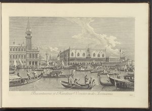 Ansicht des Canal Grande in Venedig mit dem Bucintoro des Dogen (Urbis Venetiarum prospectus celebriores, ex Antonii Canal tabulis XXXVIII aere expressi ab Antonio Vissentini) von Antonio Visentini