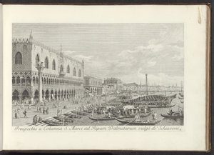 Ecke des Markusplatzes mit dem Dogenpalast und der Säule mit dem Löwen von Venedig von Antonio Visentini