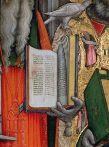 St. Jeromes Bibel und St. Gregors Taube, Detail des linken Panels von Die Jungfrau auf dem Thron mit den Heiligen Hieronymus, Gregor, Ambrosius und Augustinus, 1446 (nach Restaurierung) von Antonio Vivarini