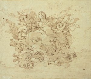 Jungfrau in Wolken, unterstützt von Engeln von Antonio da Correggio