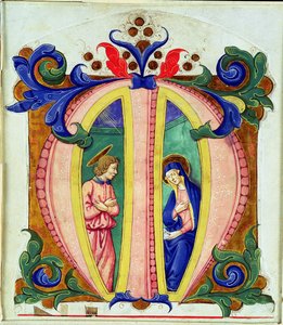 Historisierte Initiale M, die die Verkündigung darstellt