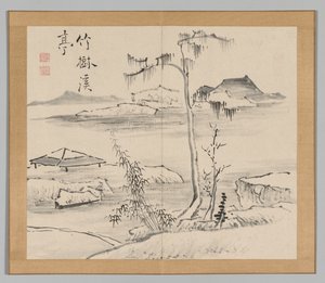 Doppelalbum mit Landschaftsstudien nach Ikeno Taiga, Band 2 Blatt 24, 18. Jahrhundert von Aoki Shukuya