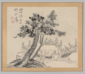 Doppelalbum mit Landschaftsstudien nach Ikeno Taiga, Band 2 Blatt 32, 18. Jahrhundert von Aoki Shukuya