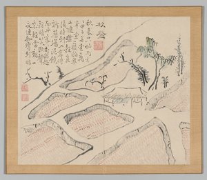 Doppelalbum mit Landschaftsstudien nach Ikeno Taiga, Band 2 Blatt 35, 18. Jahrhundert von Aoki Shukuya