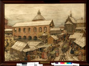 Markt im Viertel Okhotny Riad in Moskau im 13.-16. Jahrhundert von Apollinari Mikhailovich Vasnetsov