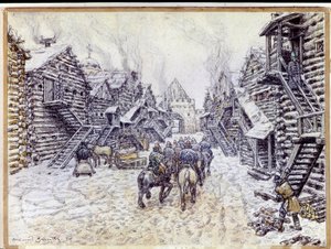 Altes Moskau. Traditionelle Holzarchitektur im Schnee