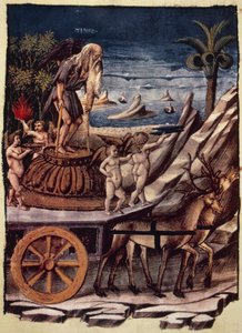 Der Triumph der Zeit, der Wagen der Zeit wird von Hirschen gezogen, Miniatur von Apollonio di Giovanni (1415 oder 1417-ca 1465) aus Triumphs, allegorisches Gedicht von Francesco Petrarca (1304-1374), Manuskript 1129, Folio 42, verso, Italien von Apollonio di Giovanni di Tommaso