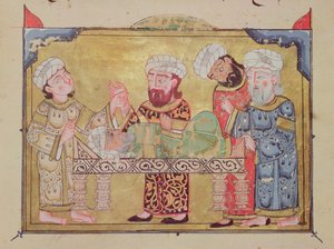 Der Arztbesuch bei seinem Patienten, Szene aus The Maqamat von Al-Hariri (Gouache auf Pergament) von Arabic School
