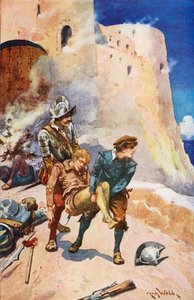 Freunde retten einen gefallenen Kameraden aus einer Burg (Farblitho) von Archibald Bertram (after) Webb
