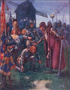 Der Prinz kniet vor seinem Vater nieder: Ihm gehört die Schlacht - ganz ihm! Illustration aus Ballads of Famous Fights, ca. 1900