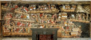 Seeschlacht bei Punta Salvatore, zwischen der Armee von Friedrich Barbarossa und den Venezianern von Aretino Luca Spinello or Spinelli
